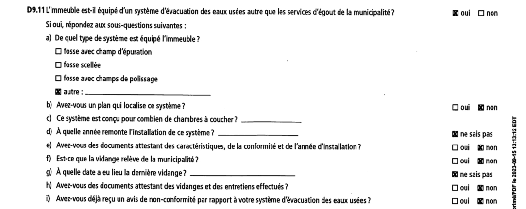 Extrait d'une déclaration du vendeur ou l'on peut voir qu'il manque des informations importante