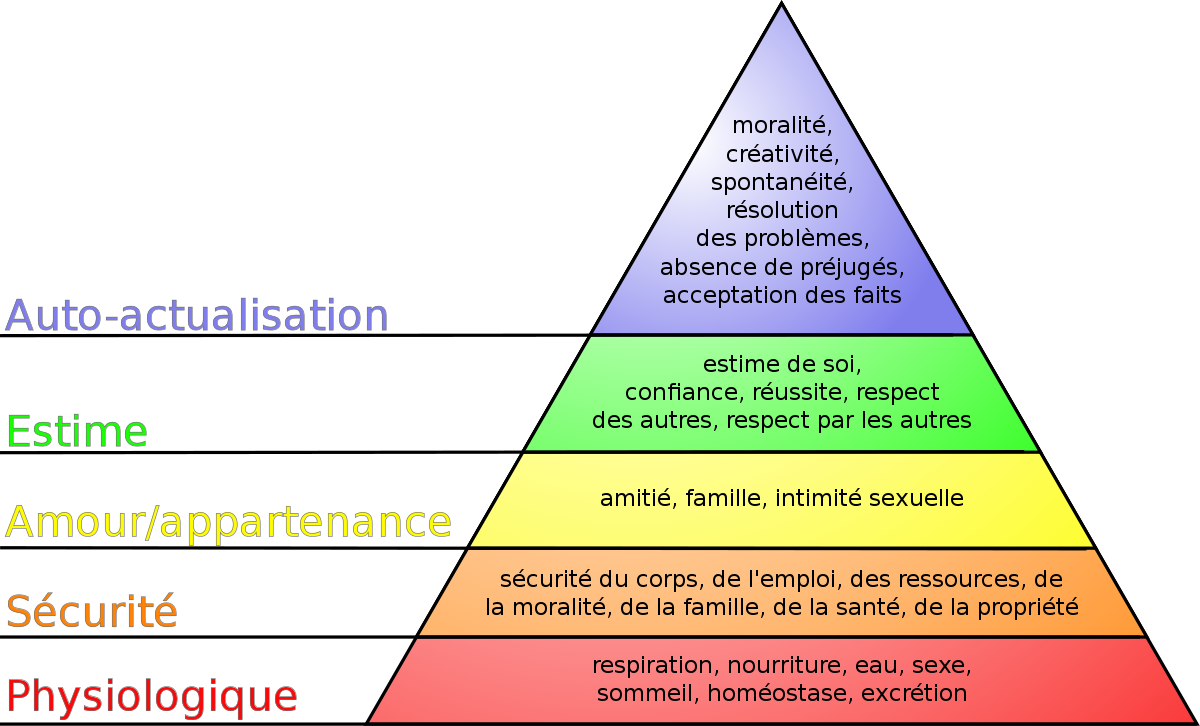 La pyramide de maslow expliqué avec les 5 niveaux des besoins essentiels. On peut remarquer que se loger est un besoin primaire d'où l'importance d'acheter une maison