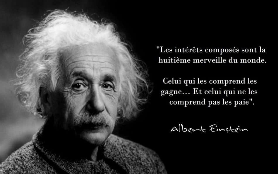 Photo de Albert Eisntein avec sa citation sur les intérêts composés sont la huitième merveille du monde