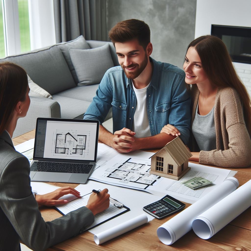 un jeune couple expliquant leur projet à un banquier afin d'obtenir un prêt-réno pour faire des rénovations dans leur futur maison