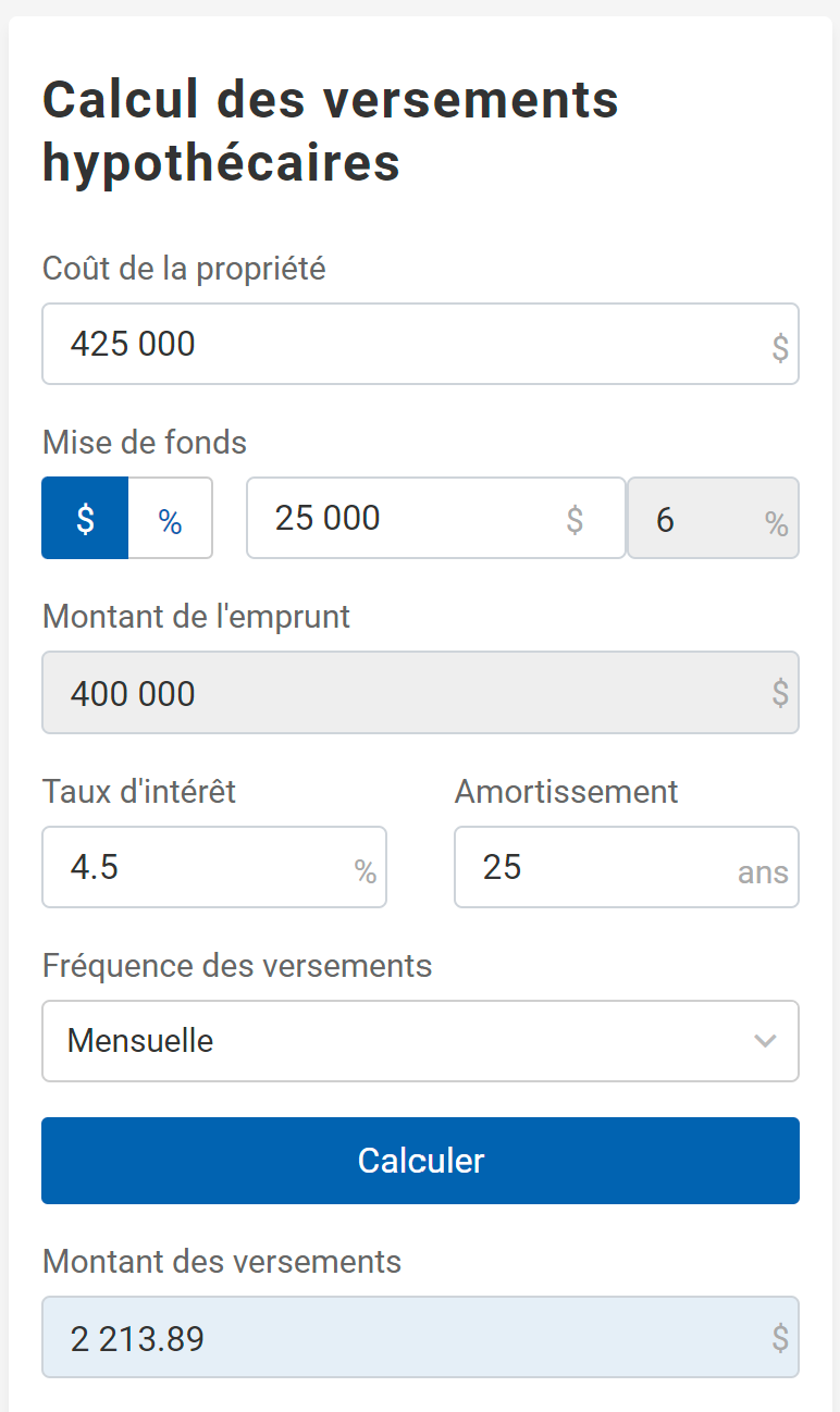 Une calculatrice du montant de l'hypothèque pour un amortissement sur 25 ans