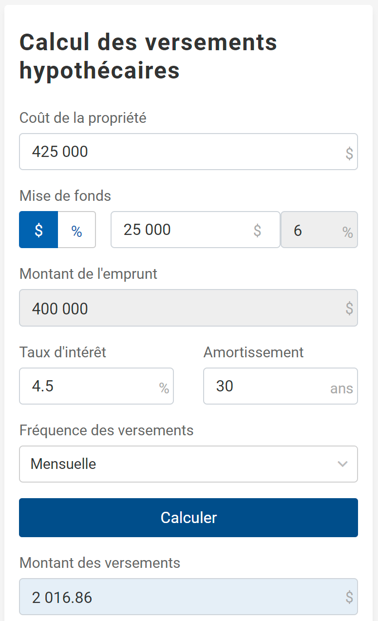 Une calculatrice du montant de l'hypothèque pour un amortissement sur 30 ans